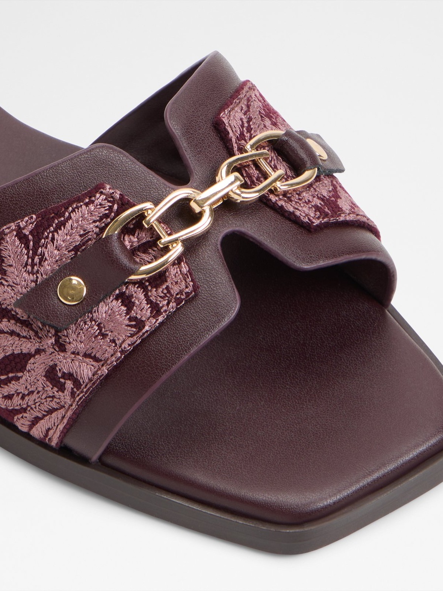 Women Burgundy Embroidered Flat Sandals