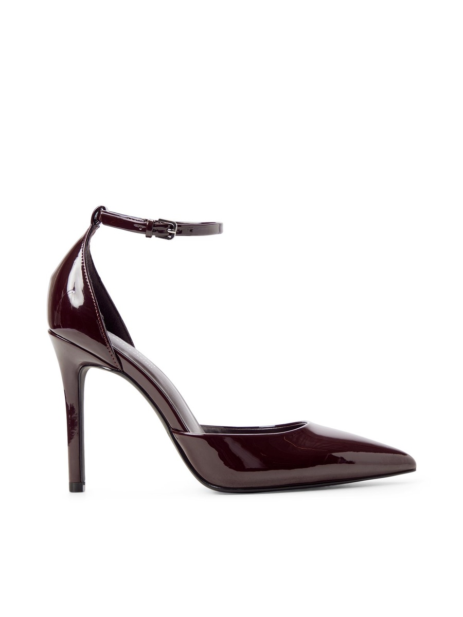 Women Burgundy Patent Pointed Toe Ankle Strap Heels