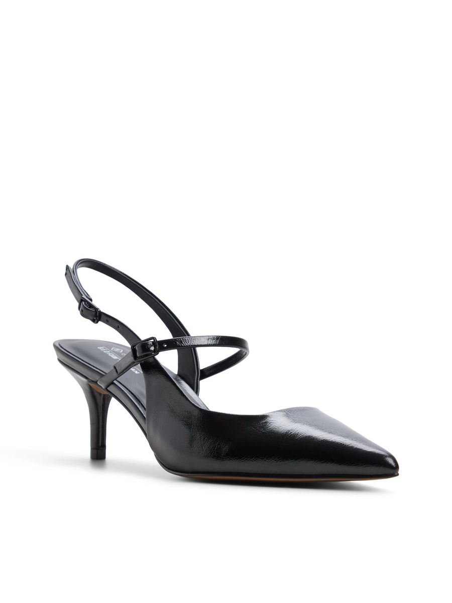 Women Black Pointed Toe Slingback Kitten Heel Pumps