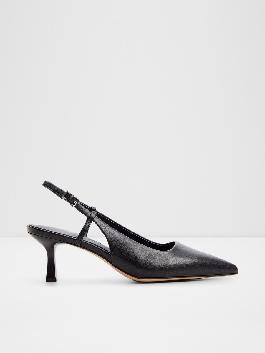 Women Black Pointed Toe Kitten Heel Slingback Shoes