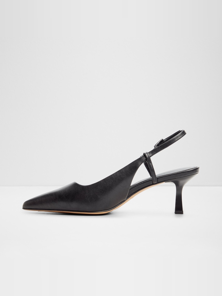 Women Black Pointed Toe Kitten Heel Slingback Shoes