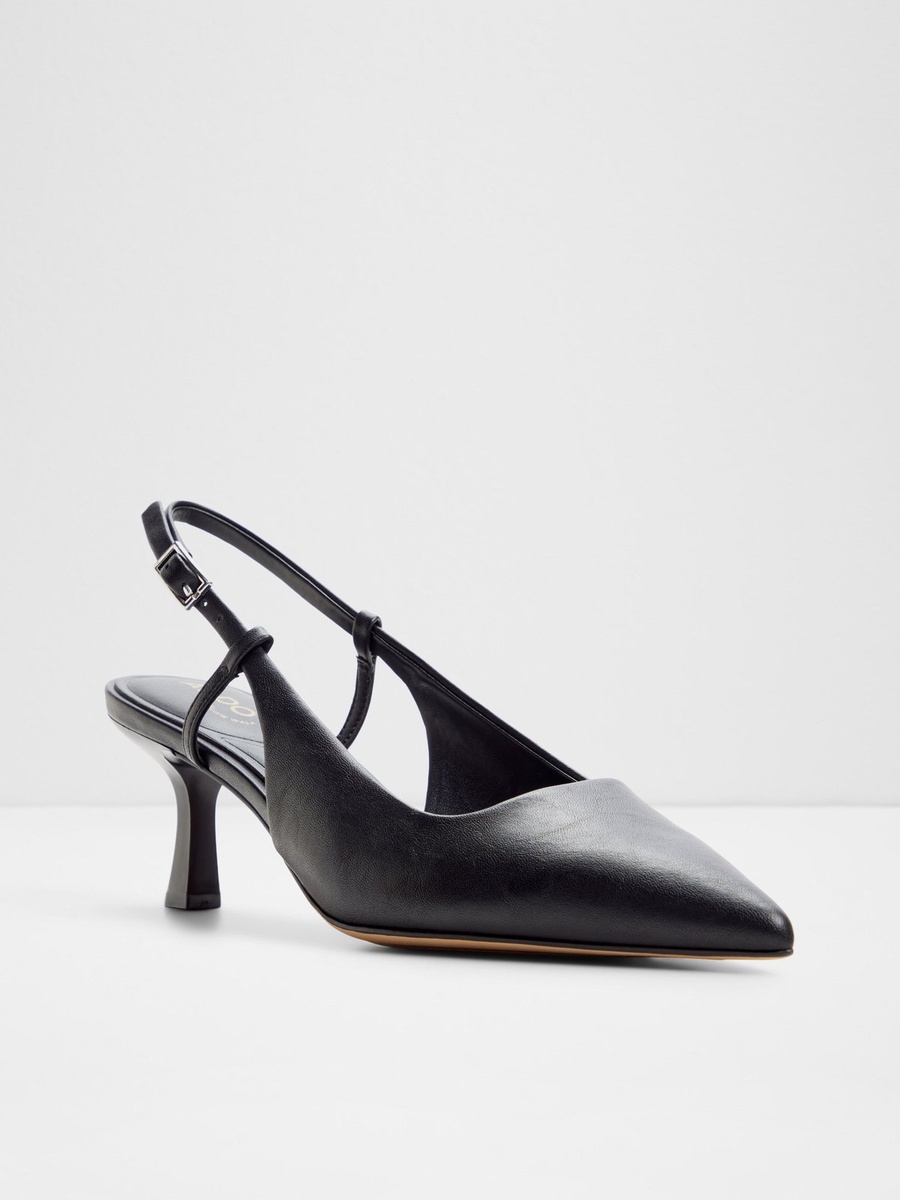 Women Black Pointed Toe Kitten Heel Slingback Shoes
