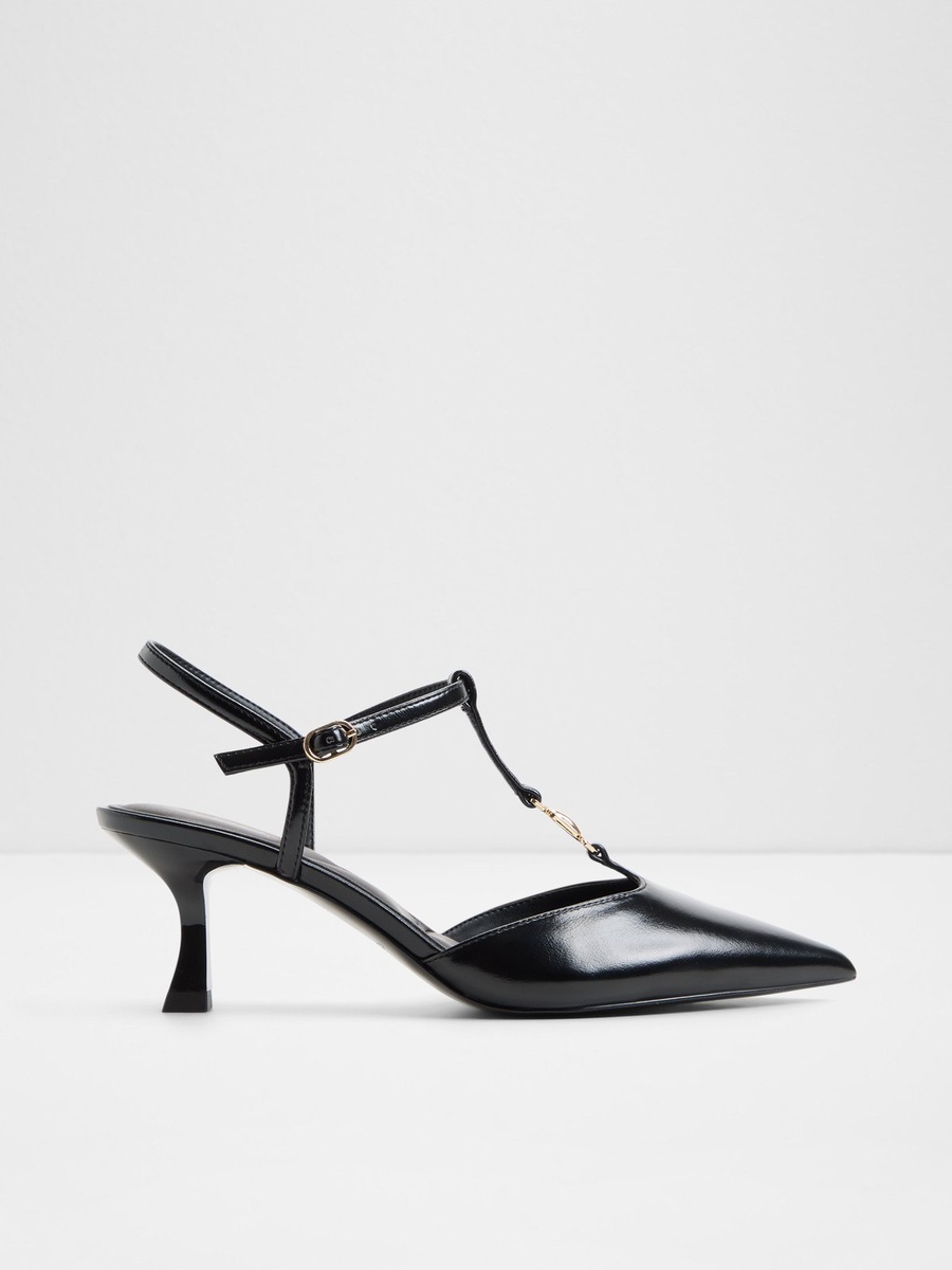 Women Black Pointed Toe T-Strap Kitten Heel Pumps