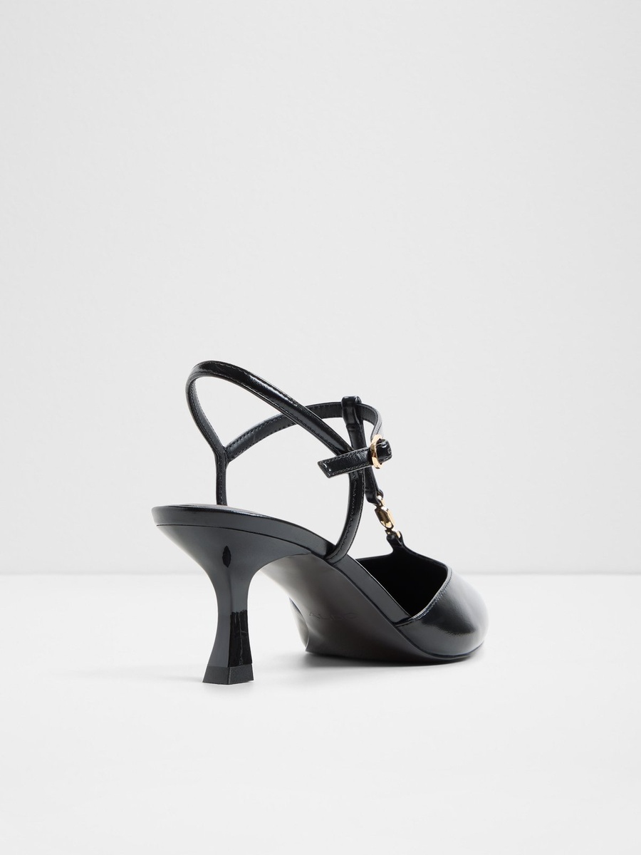 Women Black Pointed Toe T-Strap Kitten Heel Pumps