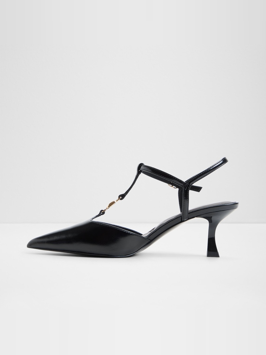 Women Black Pointed Toe T-Strap Kitten Heel Pumps