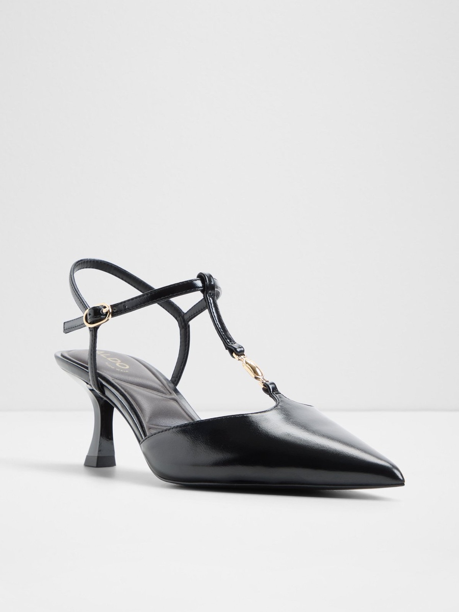 Women Black Pointed Toe T-Strap Kitten Heel Pumps