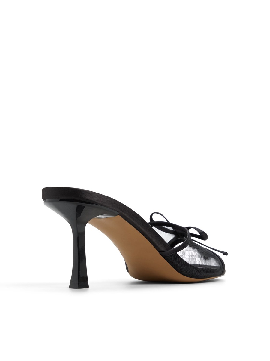 Women Black Mesh Bow Detail Mid-Heel Mules