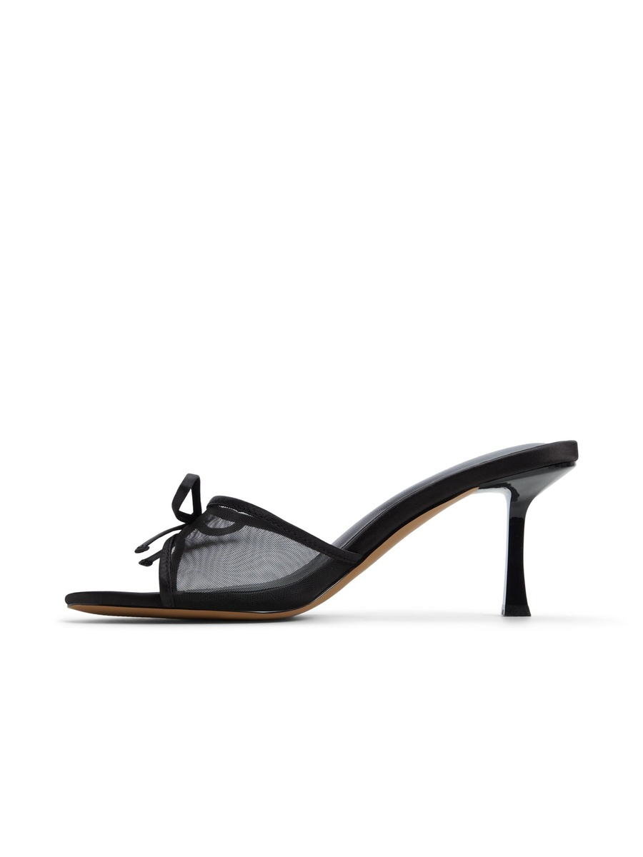 Women Black Mesh Bow Detail Mid-Heel Mules