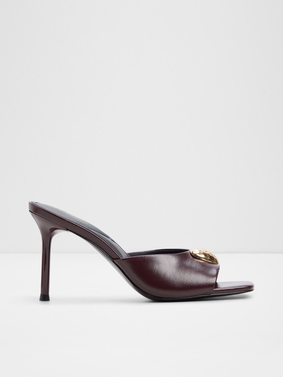 Women Burgundy High Heel Mules with Gold Accent