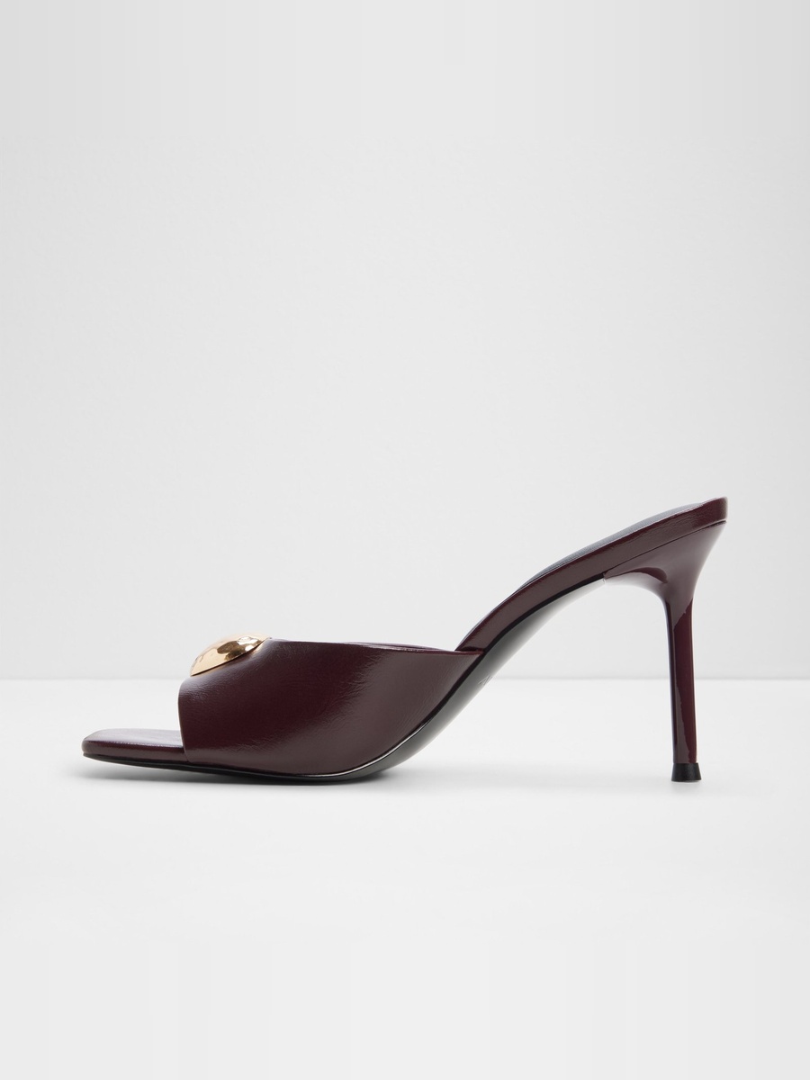 Women Burgundy High Heel Mules with Gold Accent