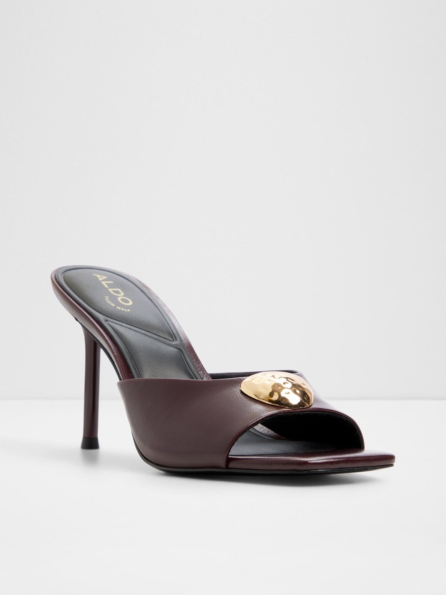 Women Burgundy High Heel Mules with Gold Accent