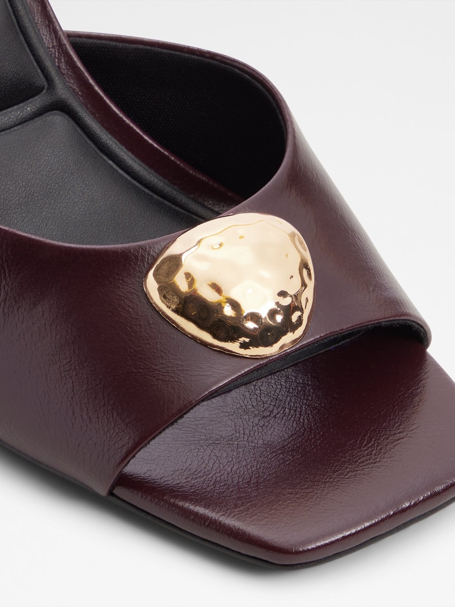Women Burgundy High Heel Mules with Gold Accent