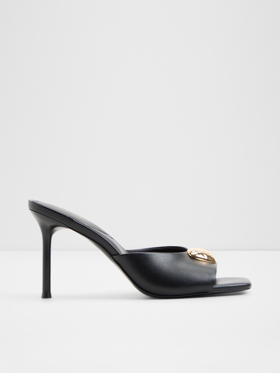 Black High-Heel Mules with Gold Detail