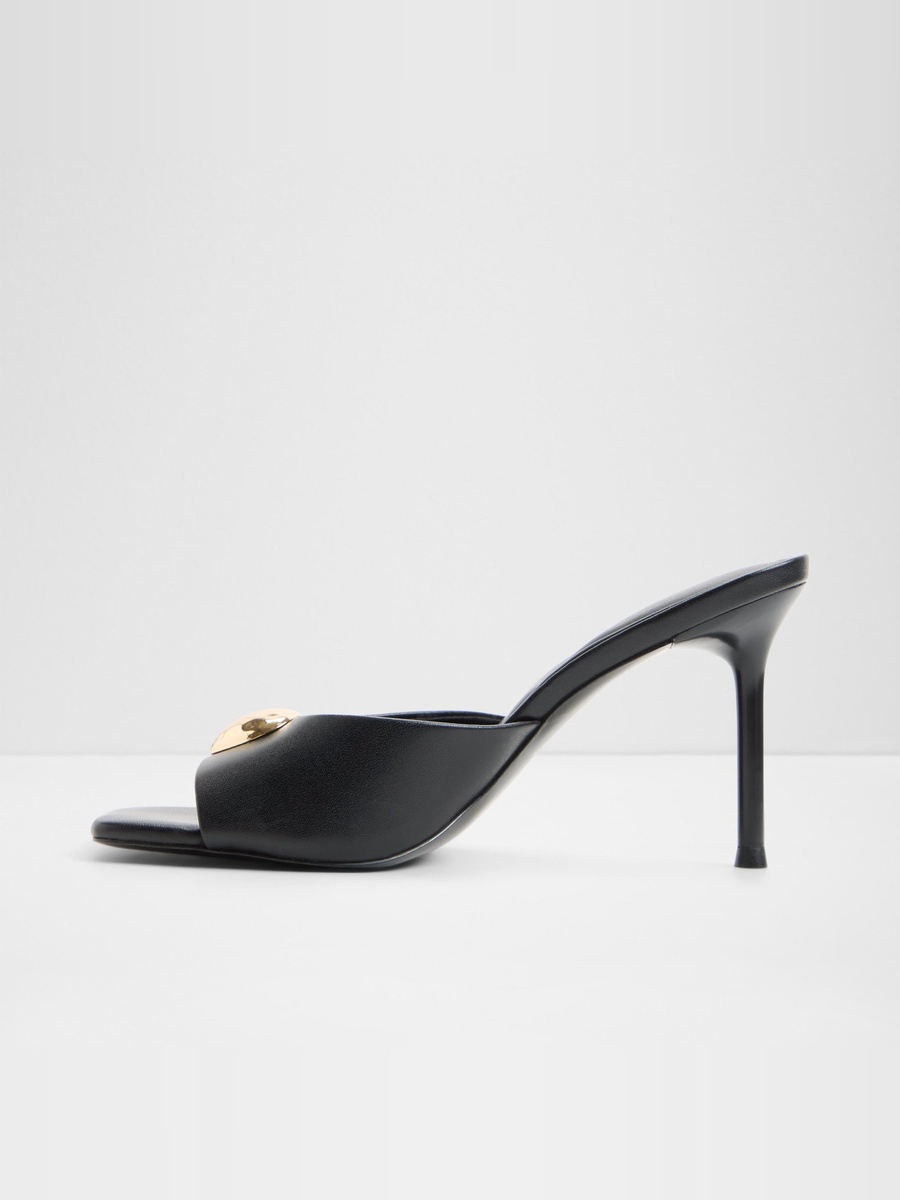 Black High-Heel Mules with Gold Detail