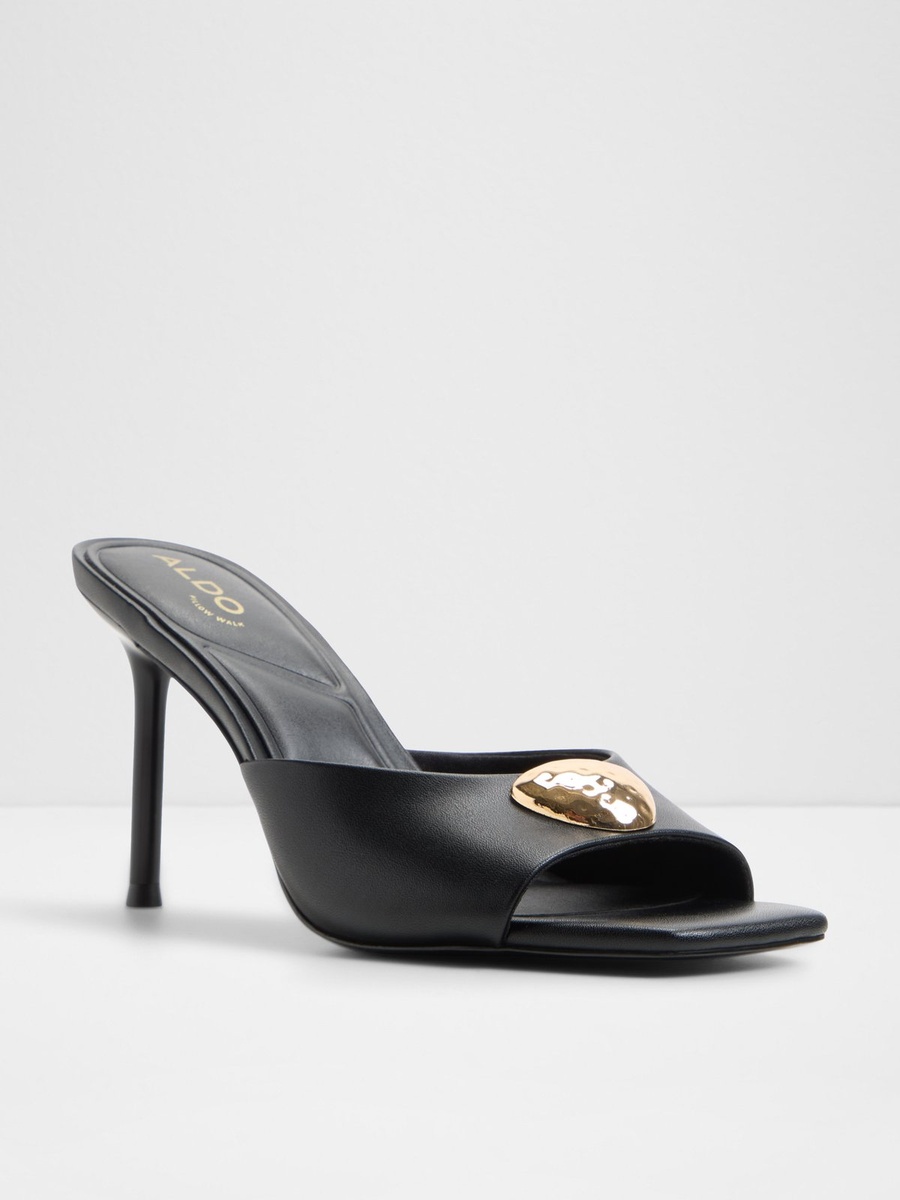 Black High-Heel Mules with Gold Detail