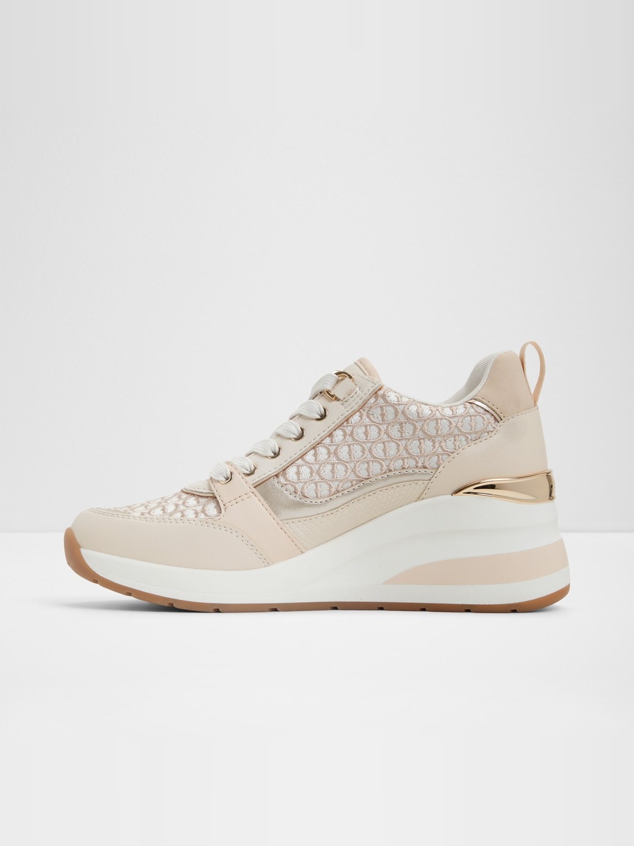 Women Beige PU Wedge Sneakers with Monogram Detail