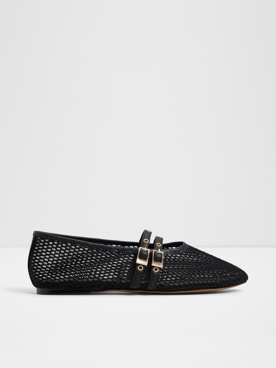 Women Black PU Mesh Buckle Flats
