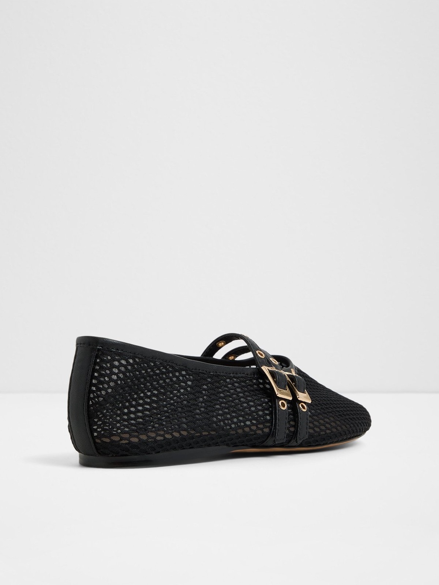 Women Black PU Mesh Buckle Flats