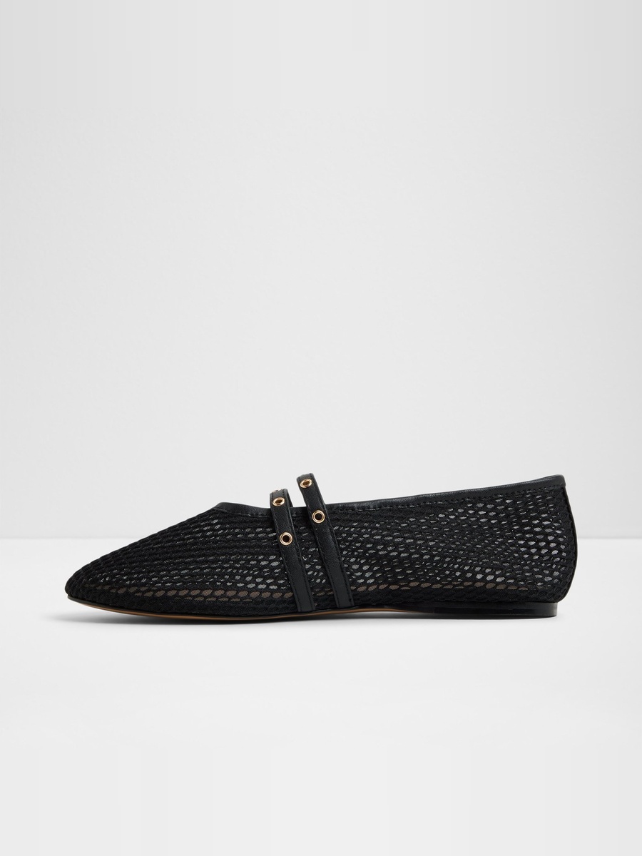 Women Black PU Mesh Buckle Flats