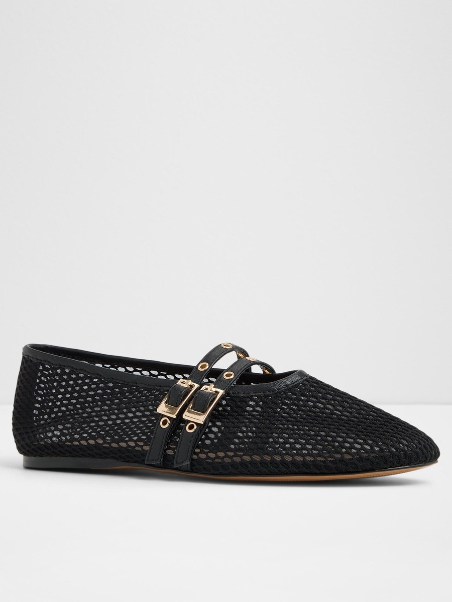 Women Black PU Mesh Buckle Flats