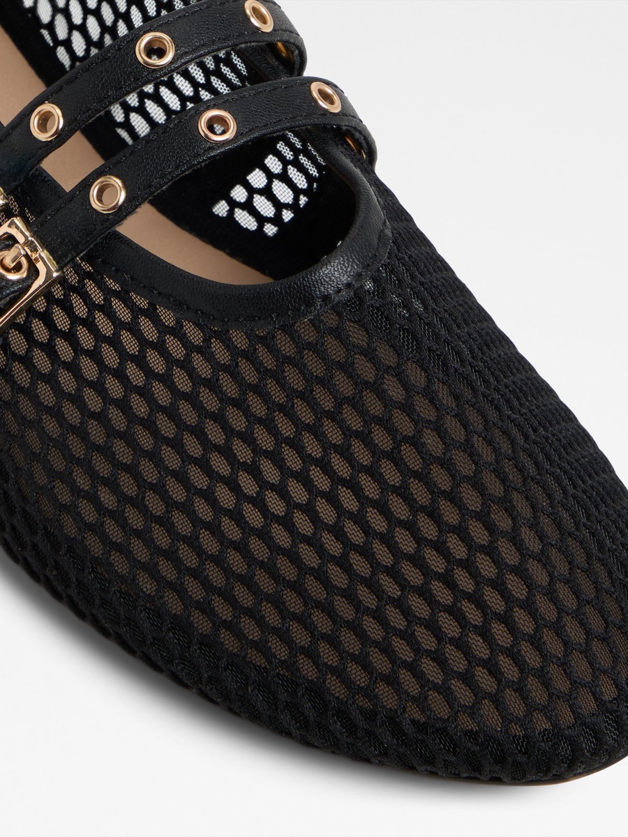 Women Black PU Mesh Buckle Flats