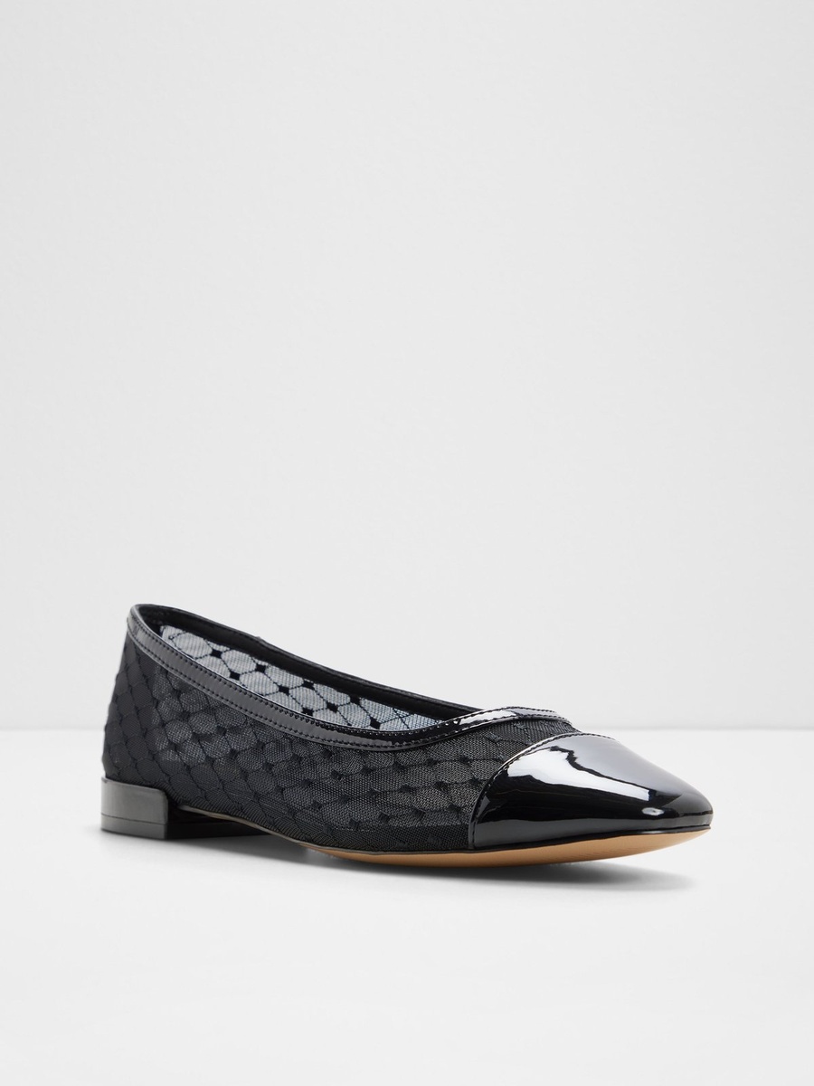 Women Black Mesh and Patent Cap-Toe Ballet Flats