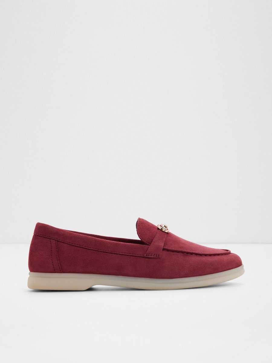 Women Red Leather Loafers with Gold Buckle