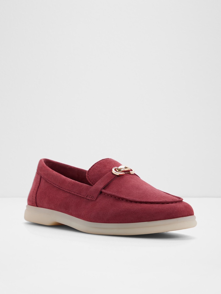 Women Red Leather Loafers with Gold Buckle