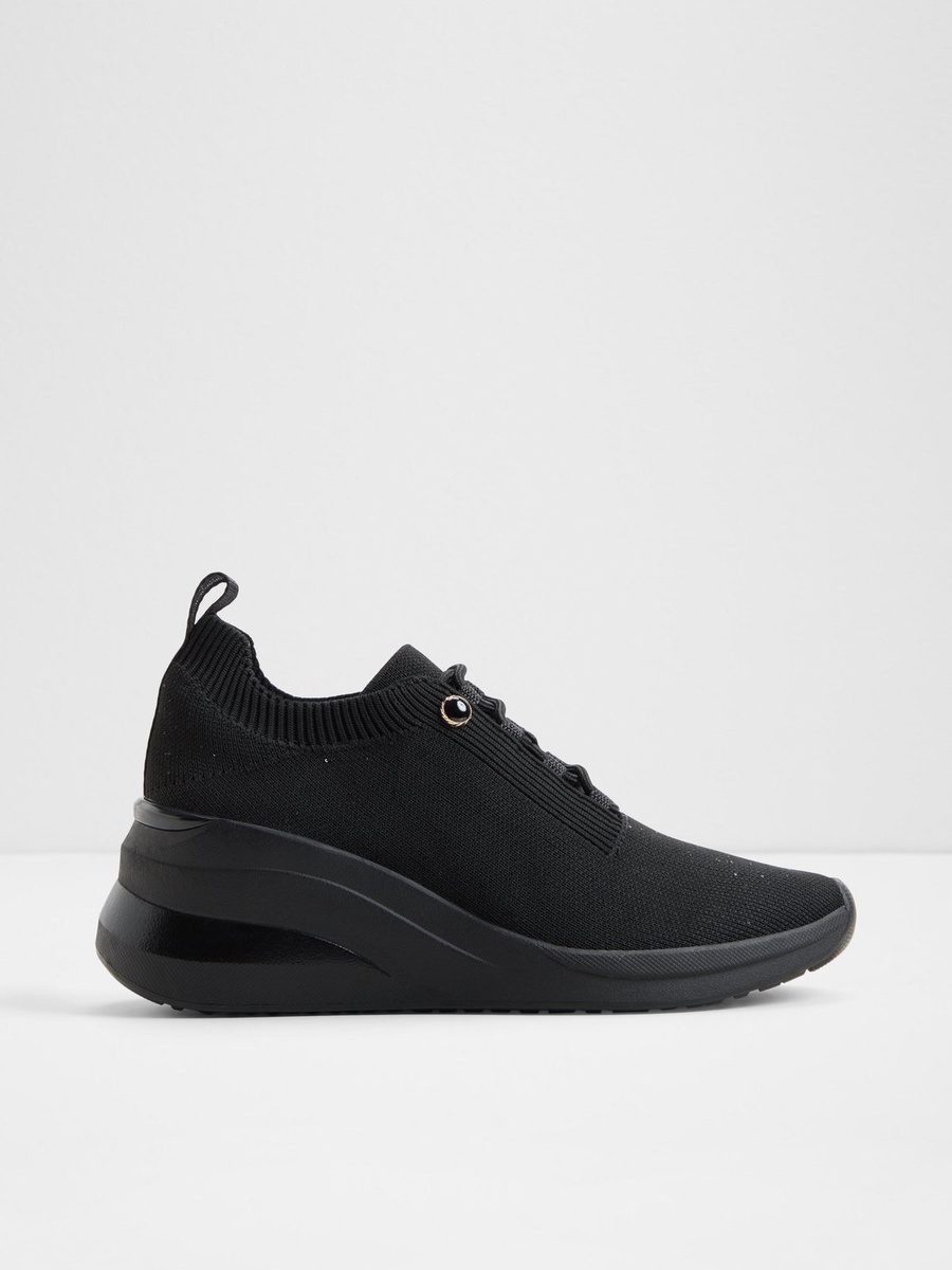 Women Black Polyester Wedge Sports Sneakers