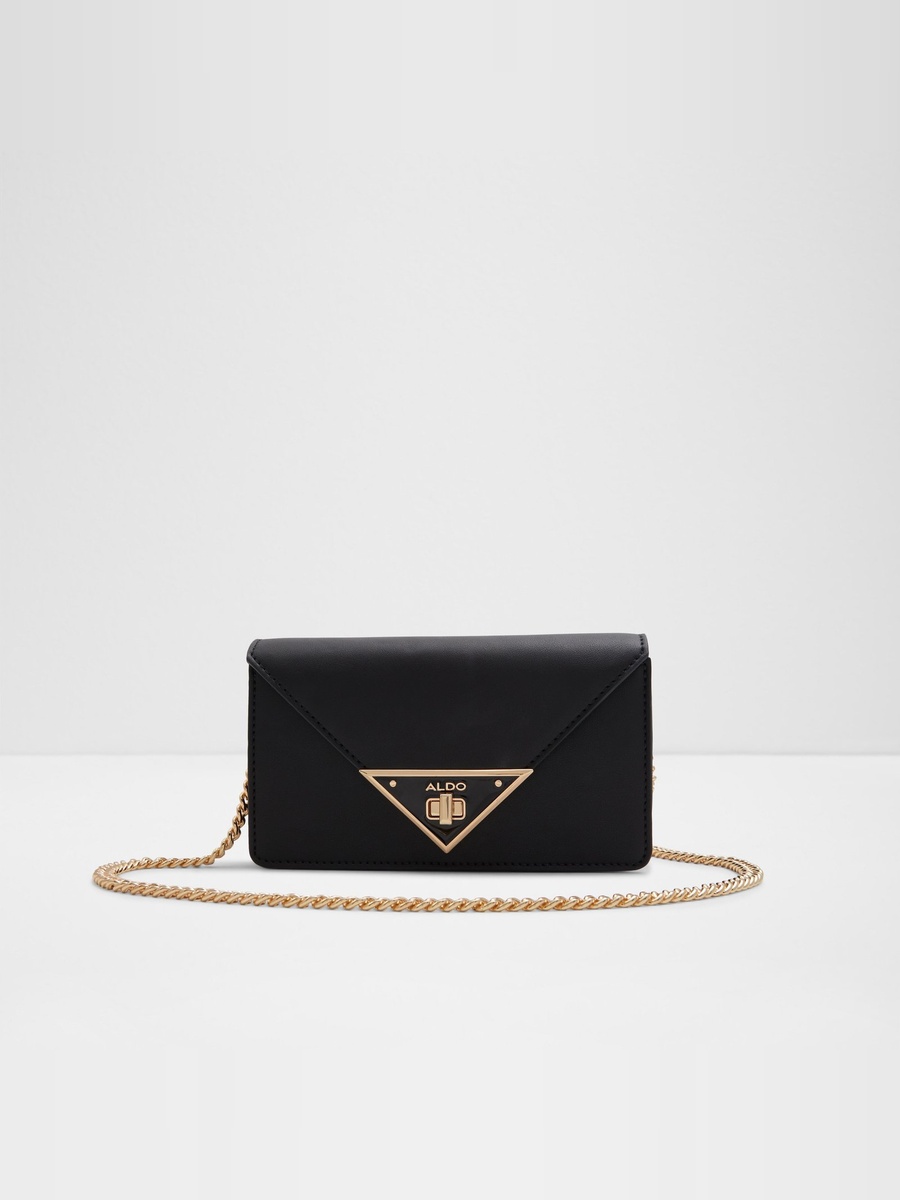 Black Zip-Around Wallet with Gold Chain