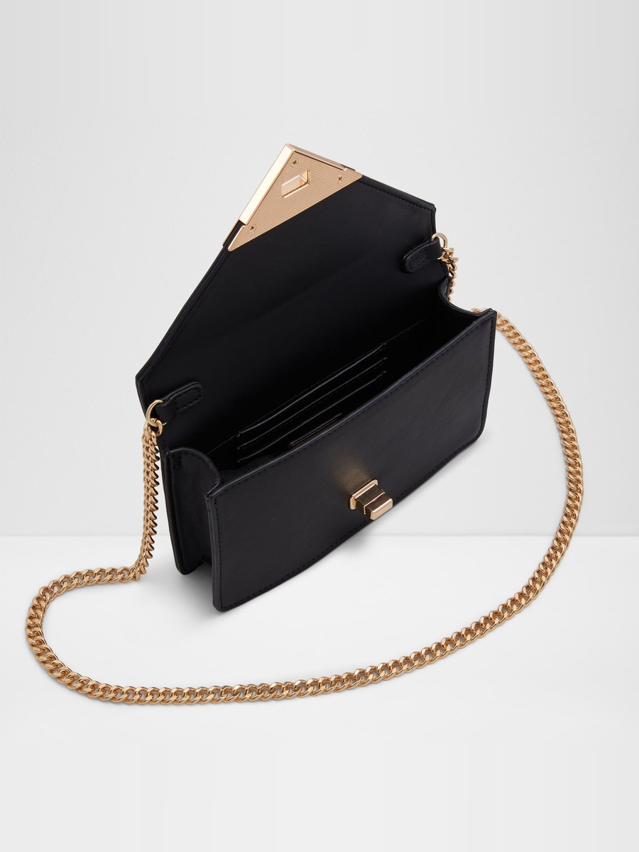 Black Zip-Around Wallet with Gold Chain