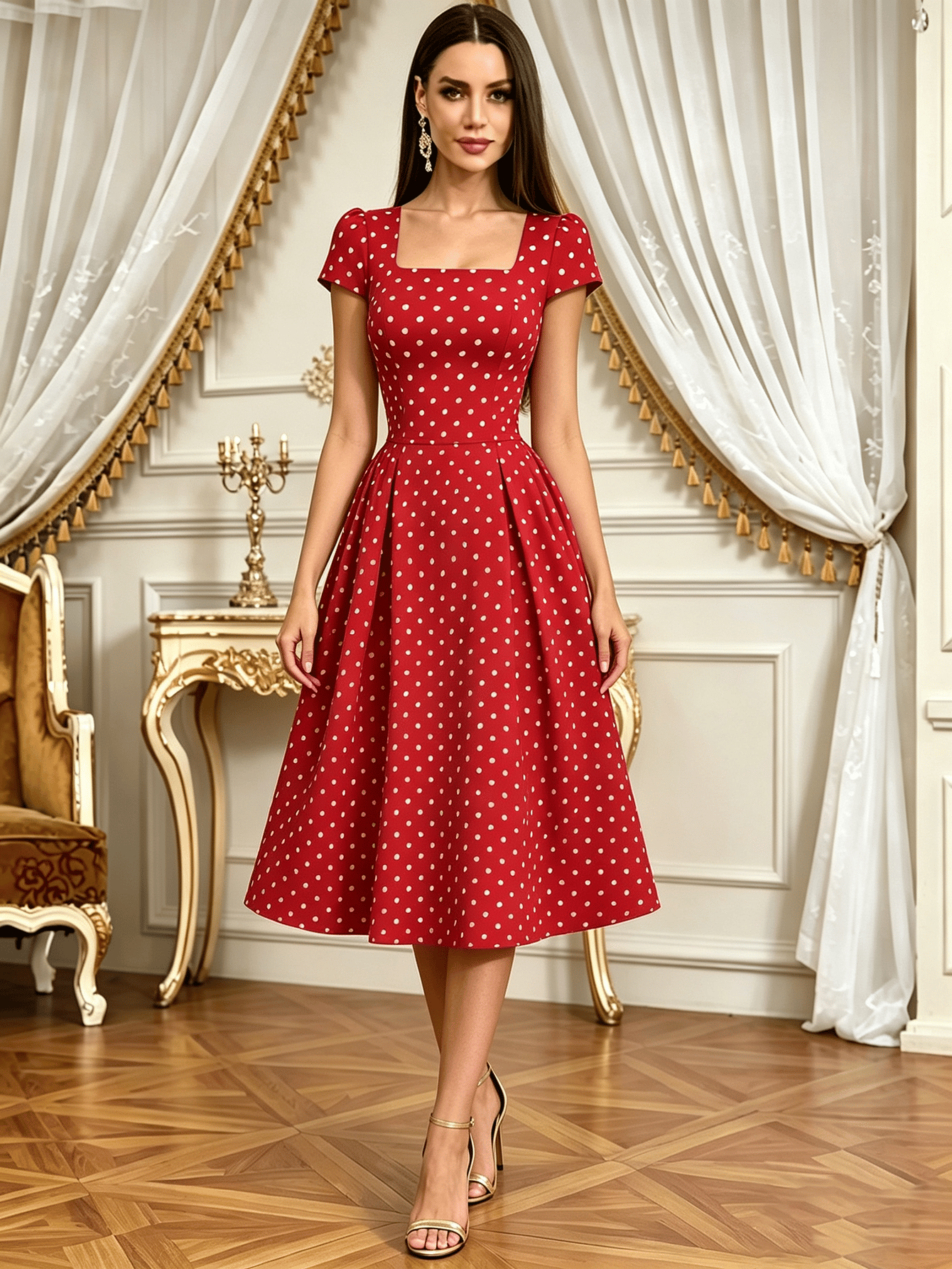 Red Solid Square Neck A-Line Midi Dress