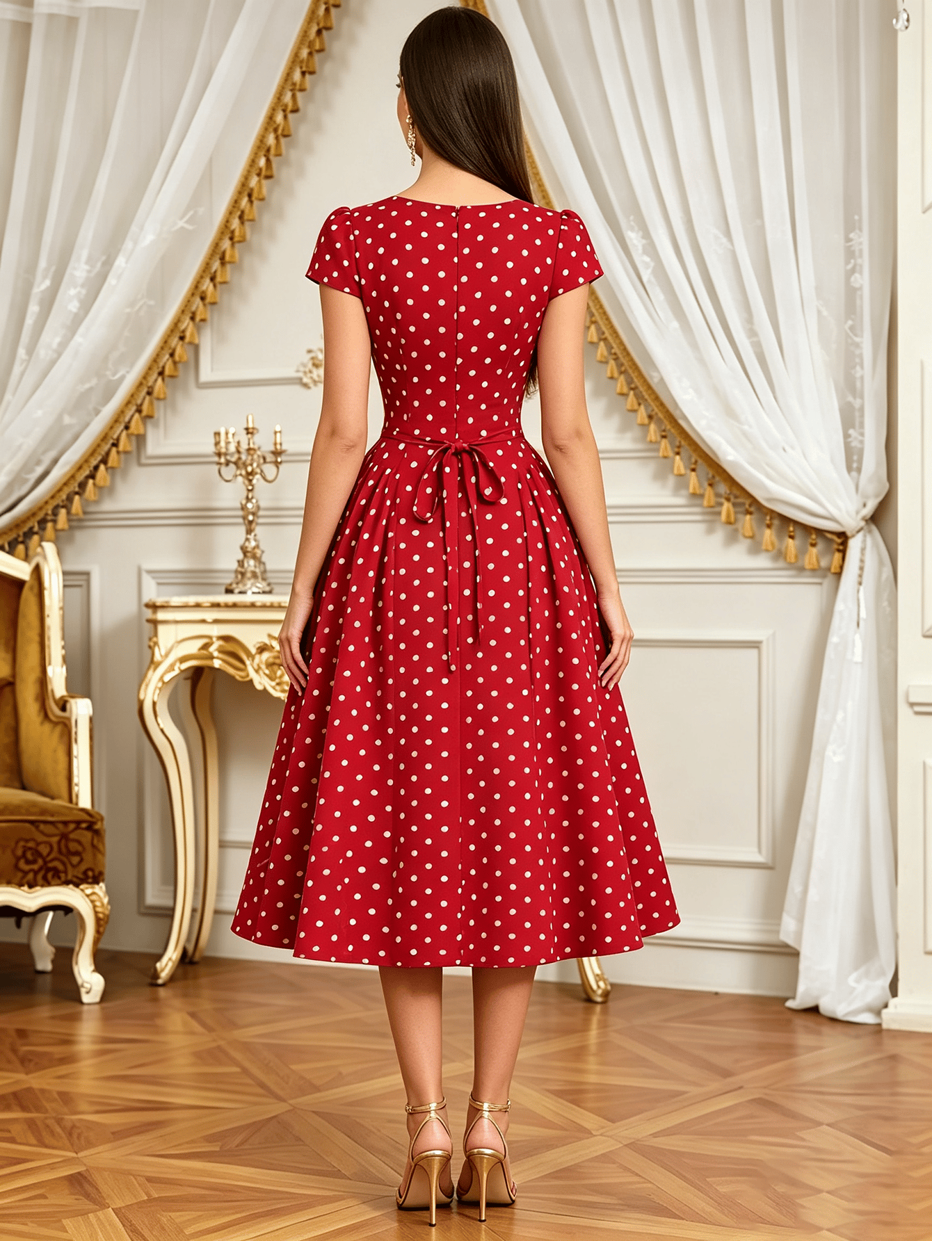 Red Solid Square Neck A-Line Midi Dress
