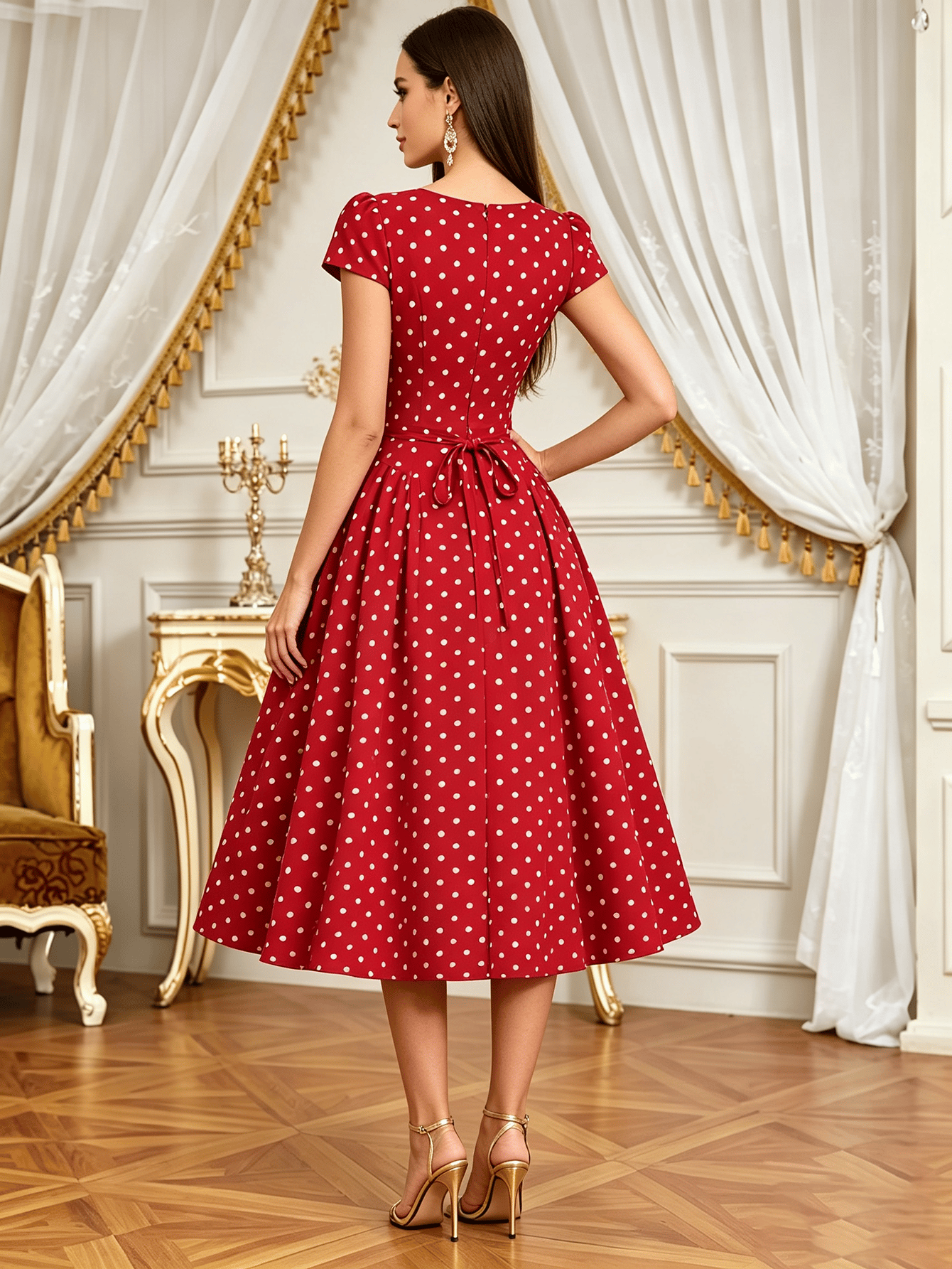 Red Solid Square Neck A-Line Midi Dress