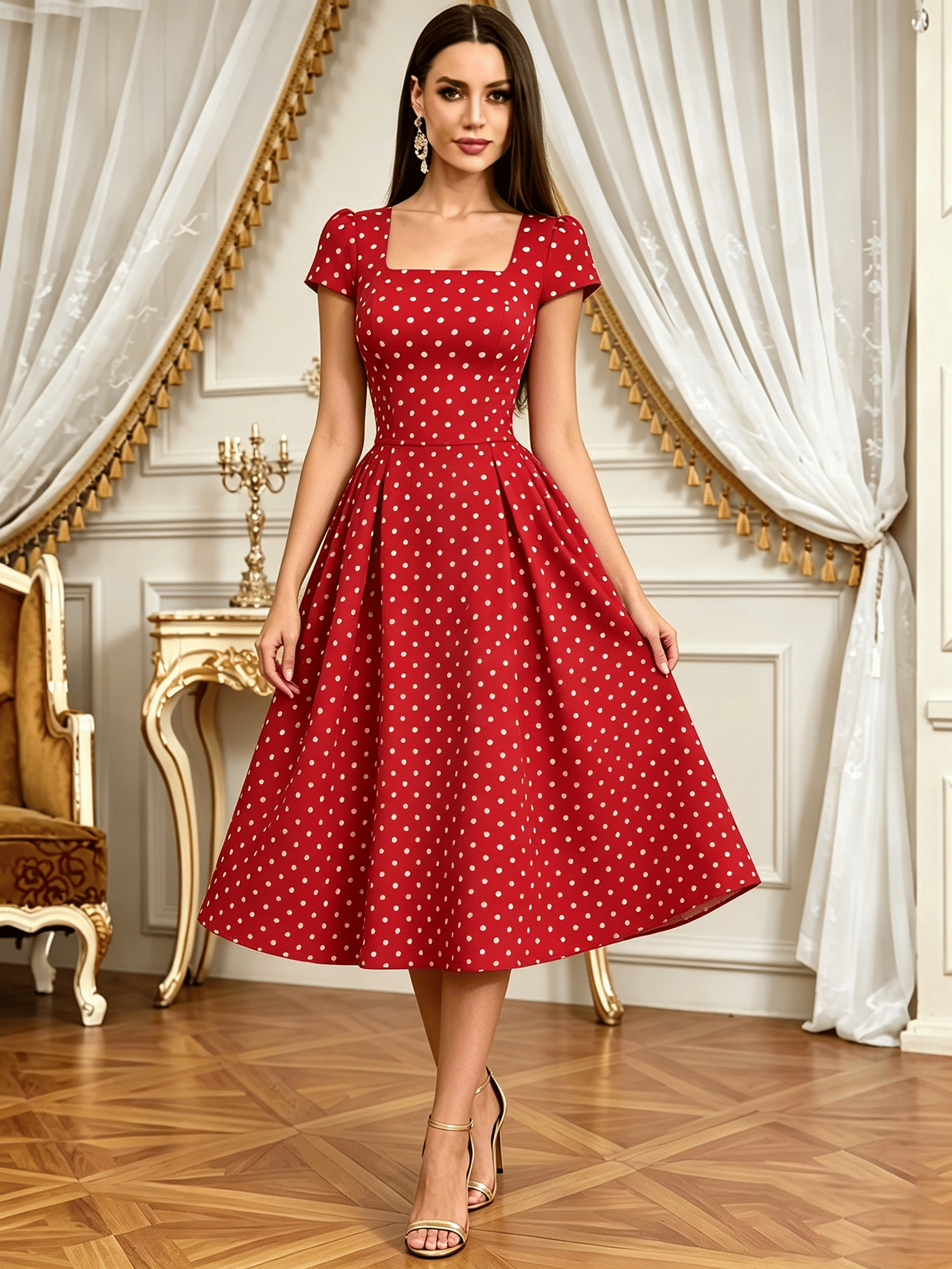 Red Solid Square Neck A-Line Midi Dress