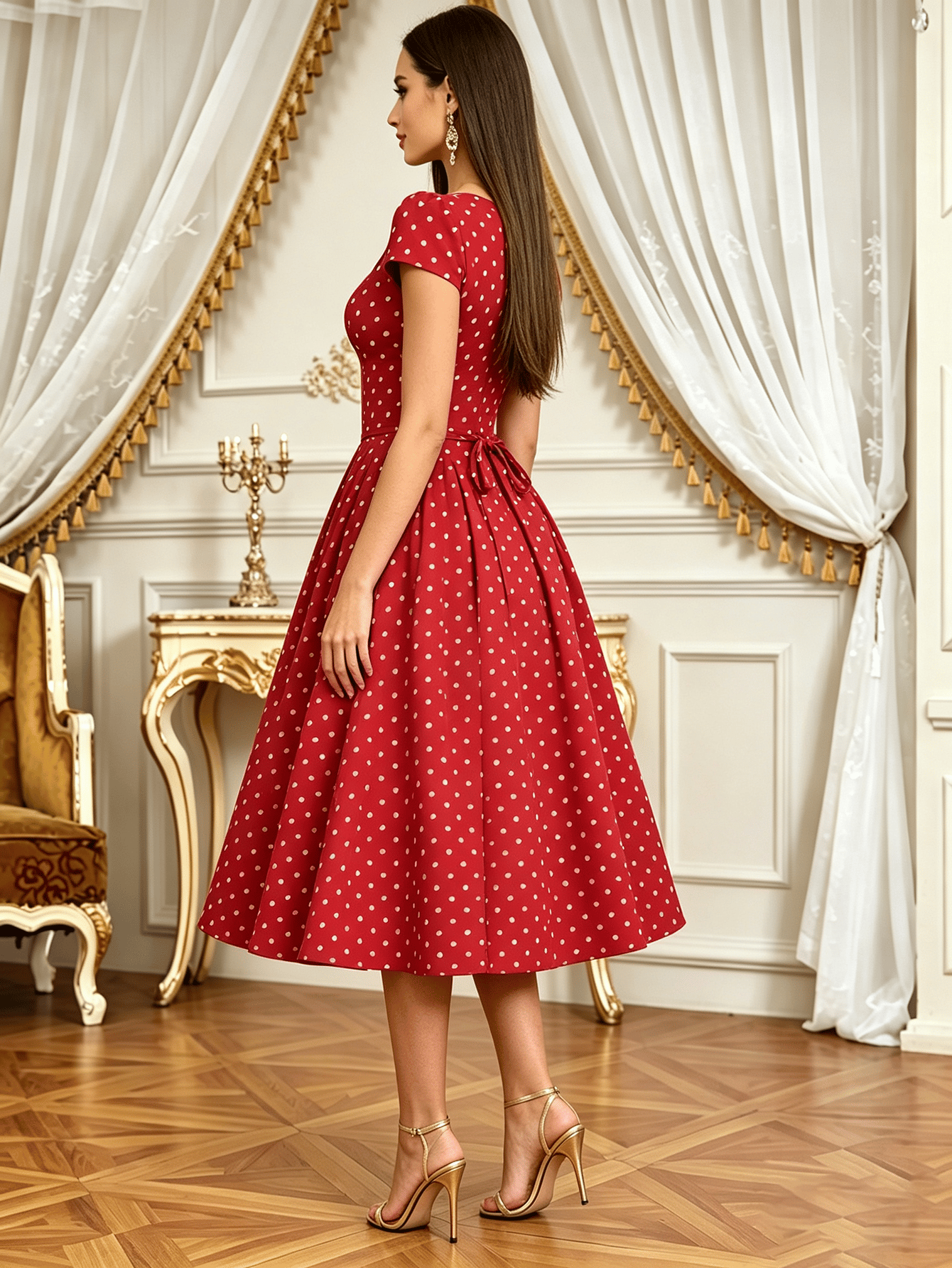 Red Solid Square Neck A-Line Midi Dress