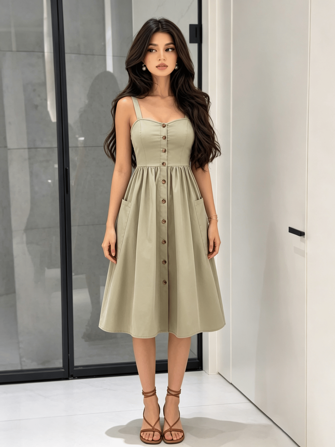 Green Solid Sweetheart Neck A-Line Midi Dress