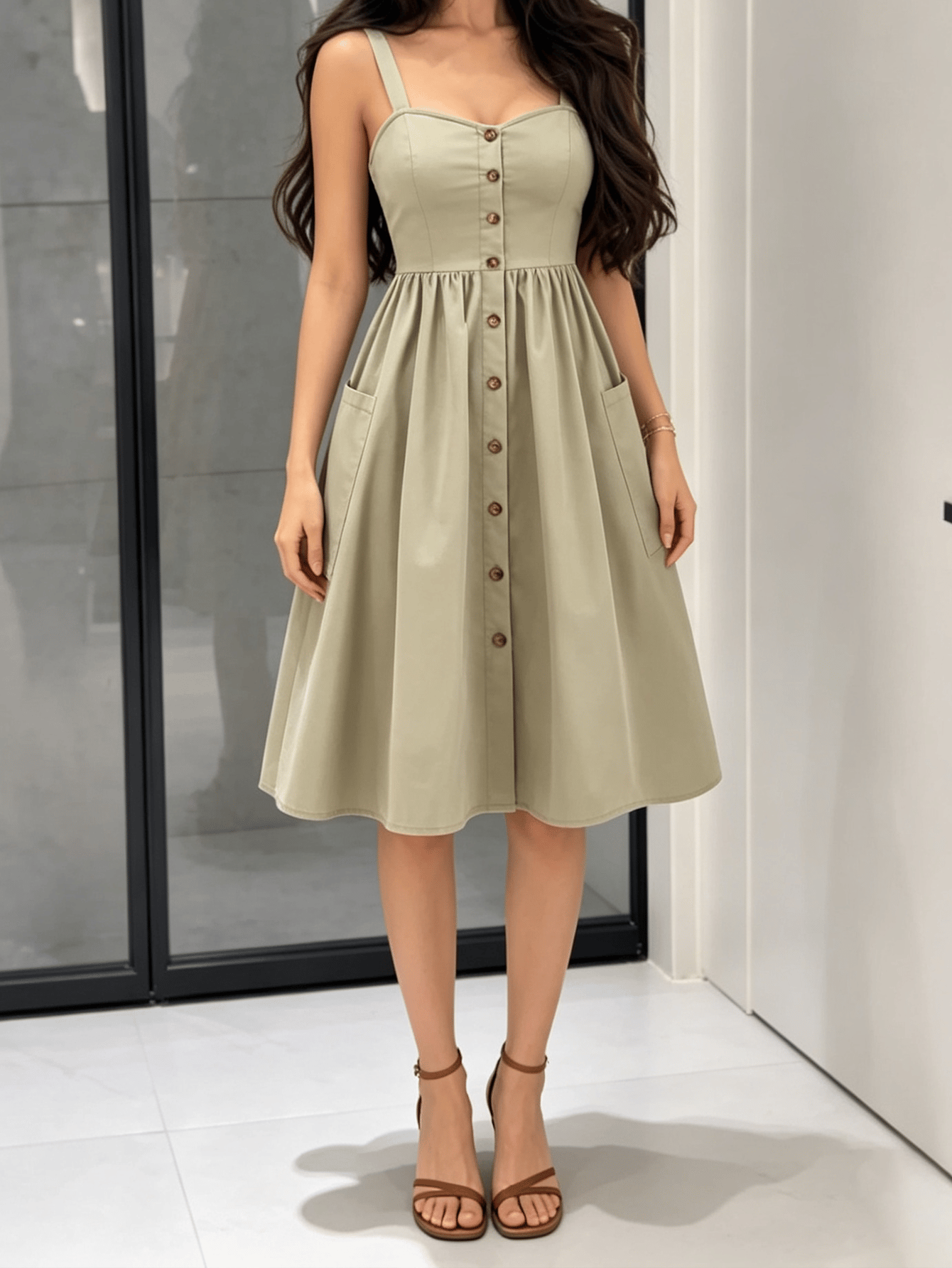 Green Solid Sweetheart Neck A-Line Midi Dress