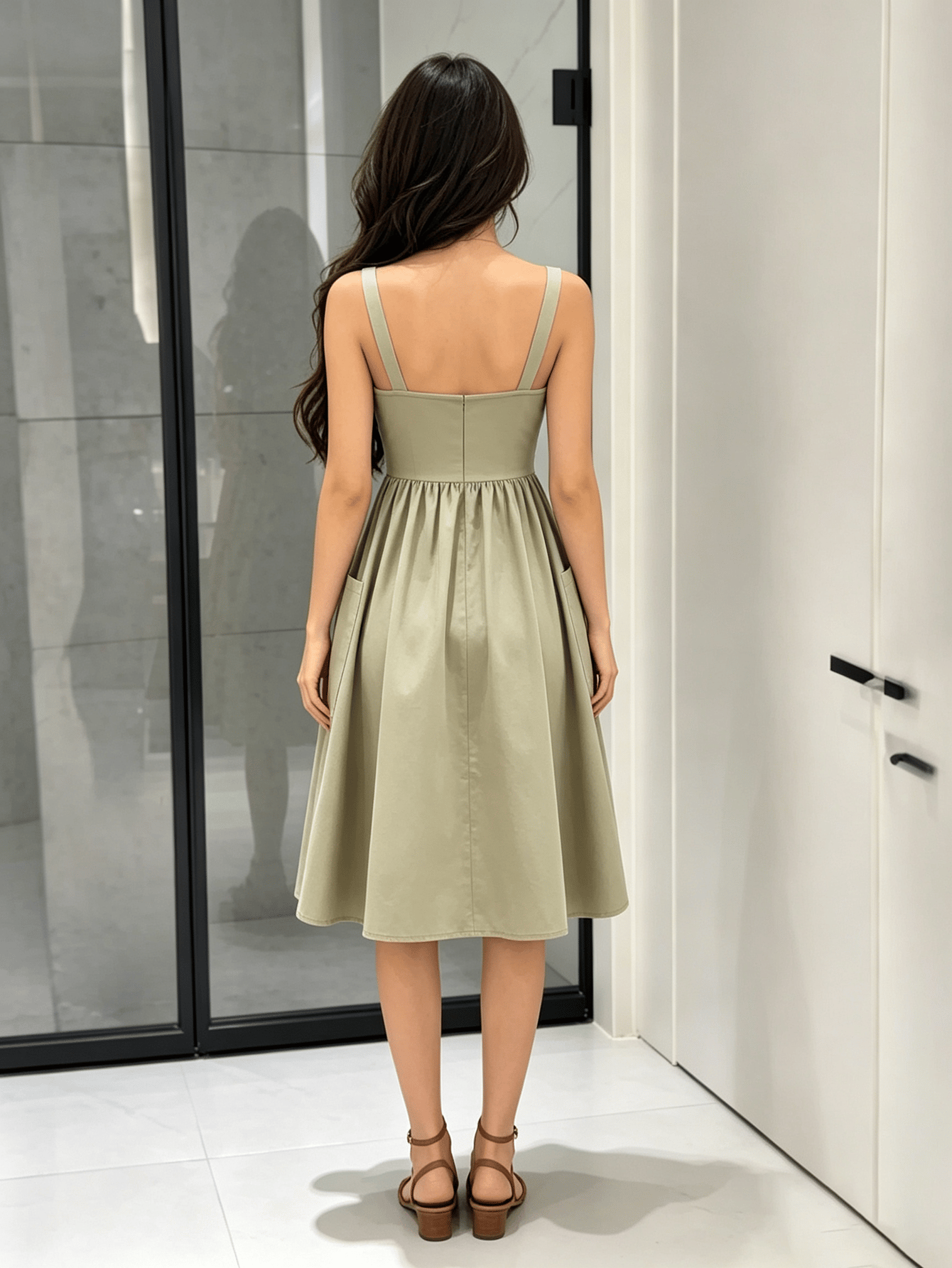 Green Solid Sweetheart Neck A-Line Midi Dress