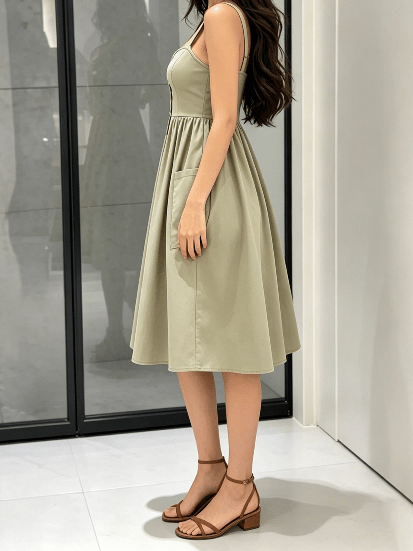 Green Solid Sweetheart Neck A-Line Midi Dress