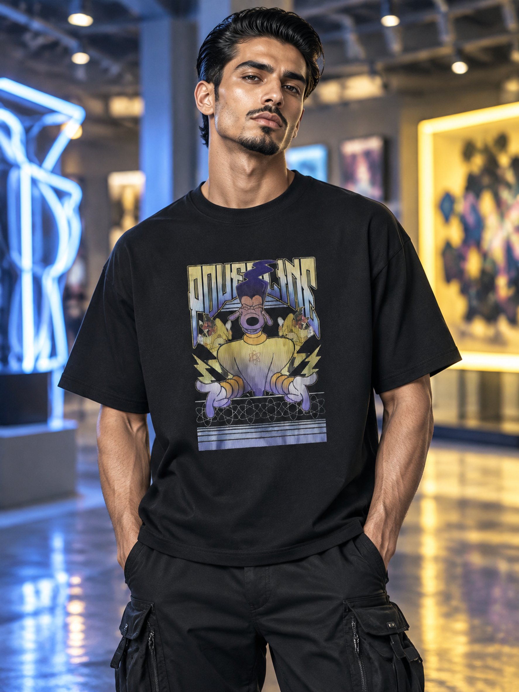 تيشيرت بقصة عادية وياقة دائرية مطبوع أسود