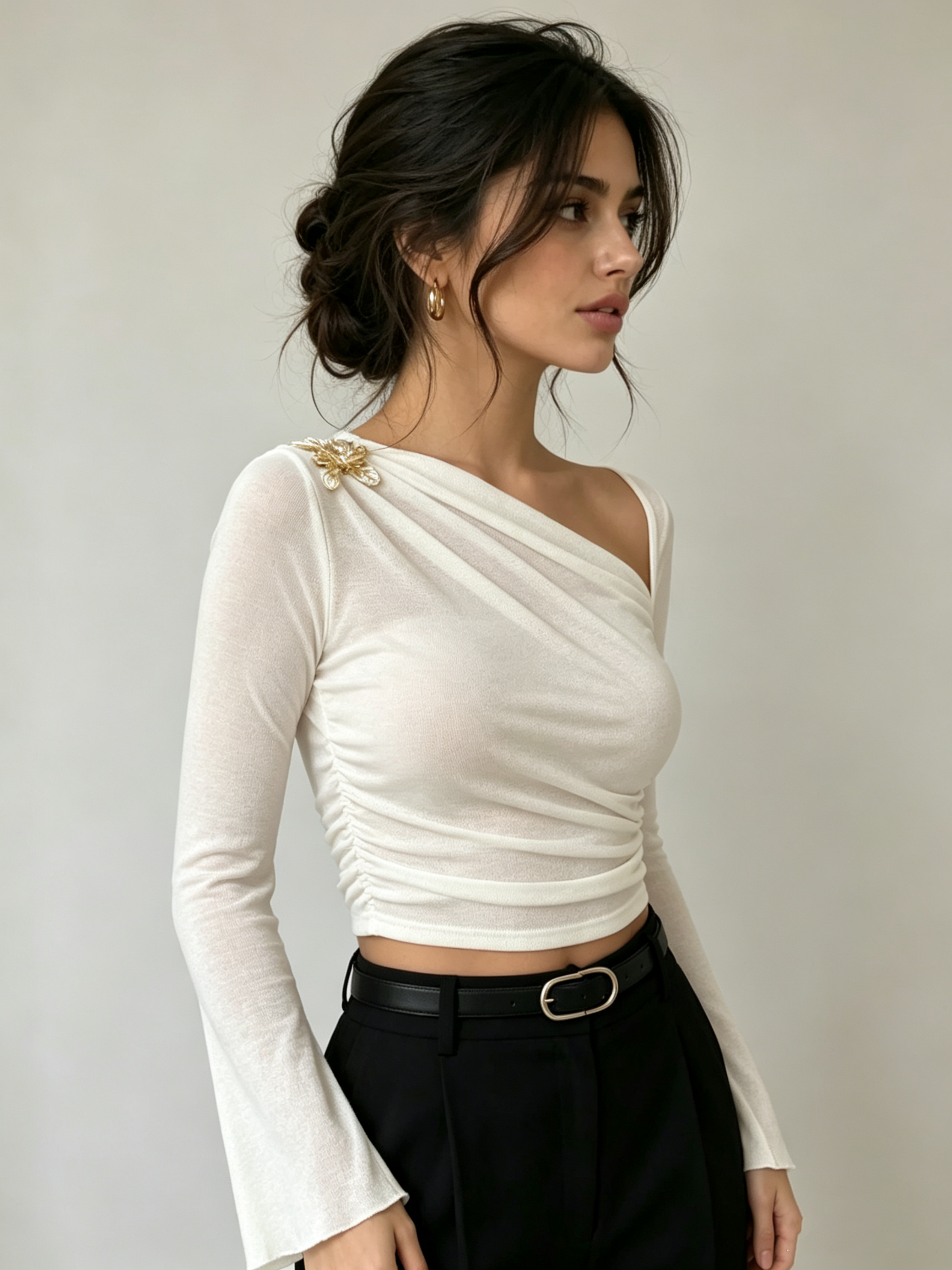 Beige Solid Asymmetric Neck Top