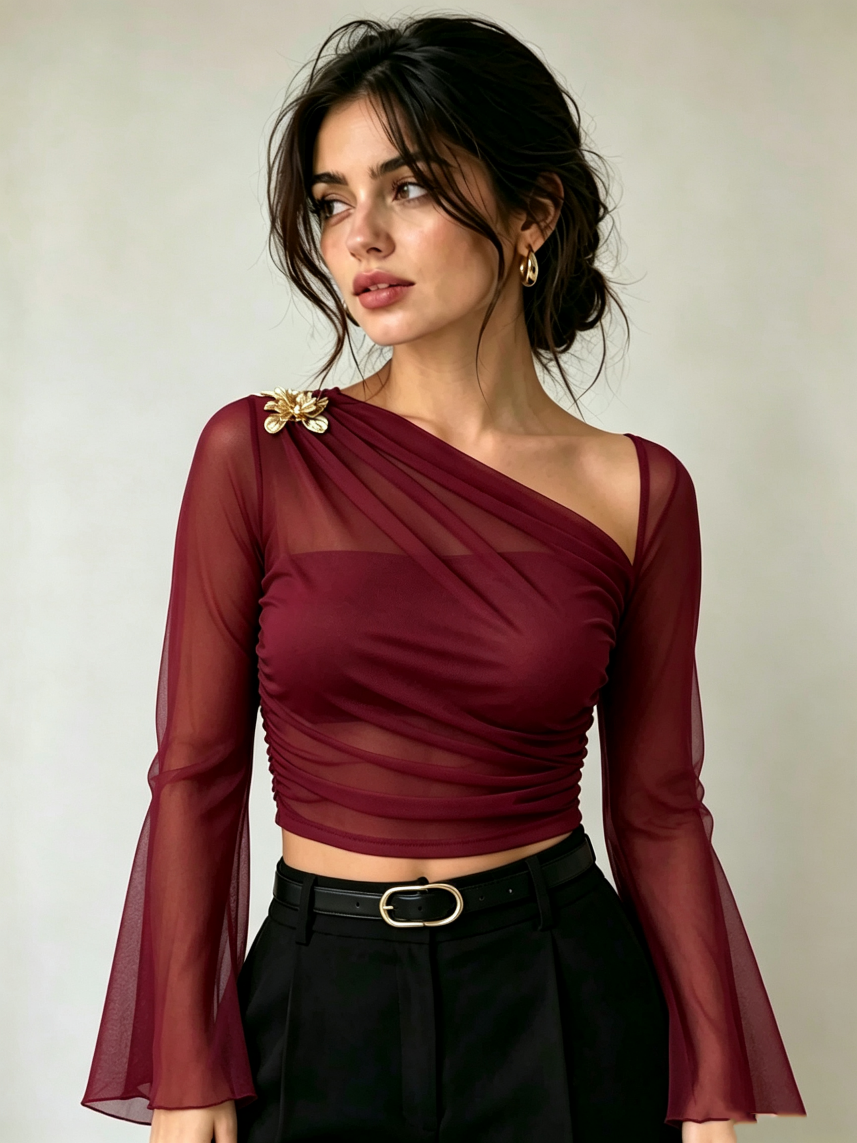 Red Solid Asymmetric Neck Top