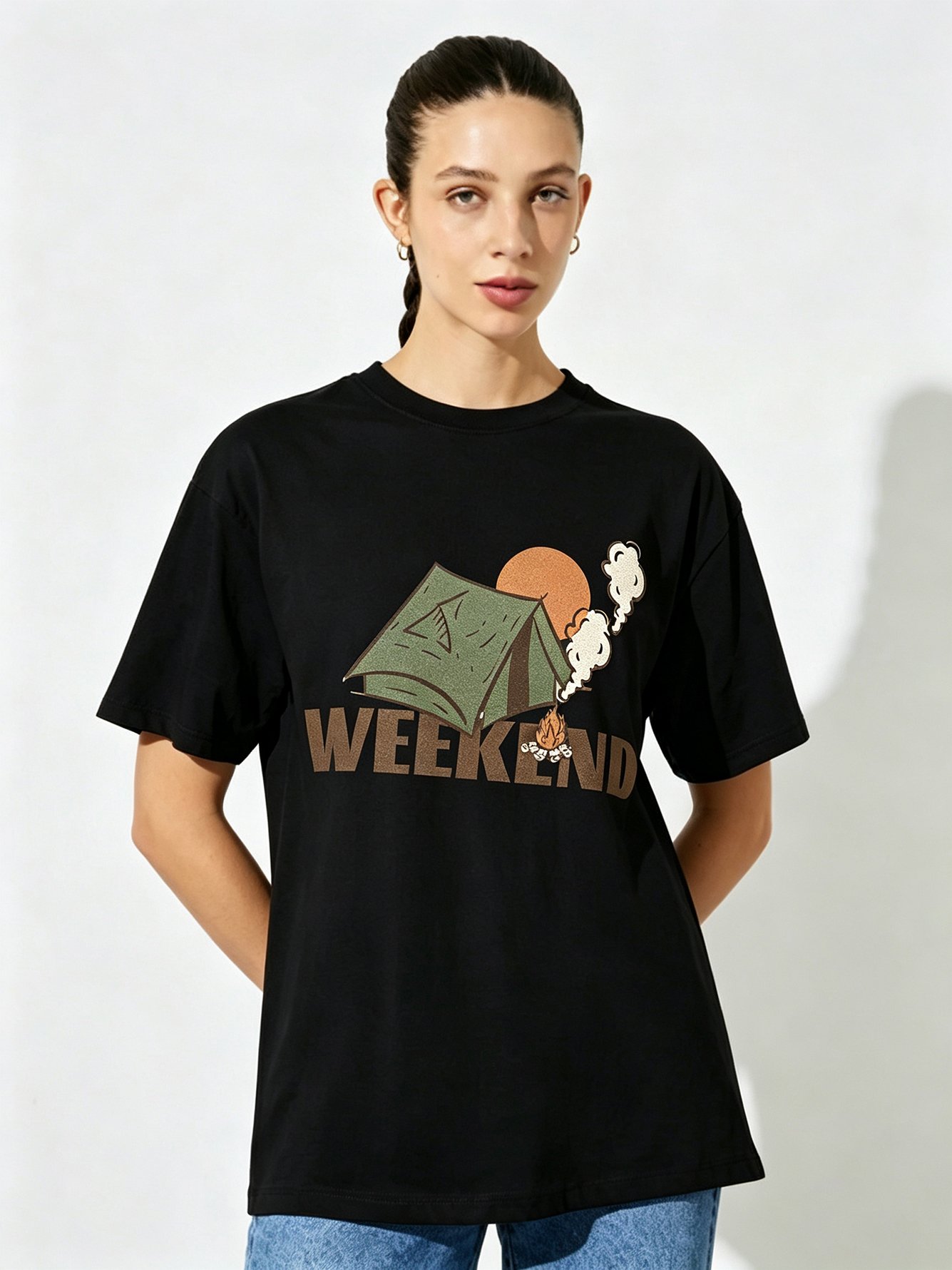 Black Printed Round Neck Regular T-Shirt