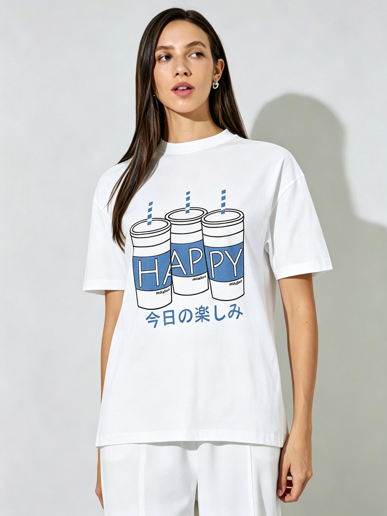 White Printed Round Neck Regular T-Shirt