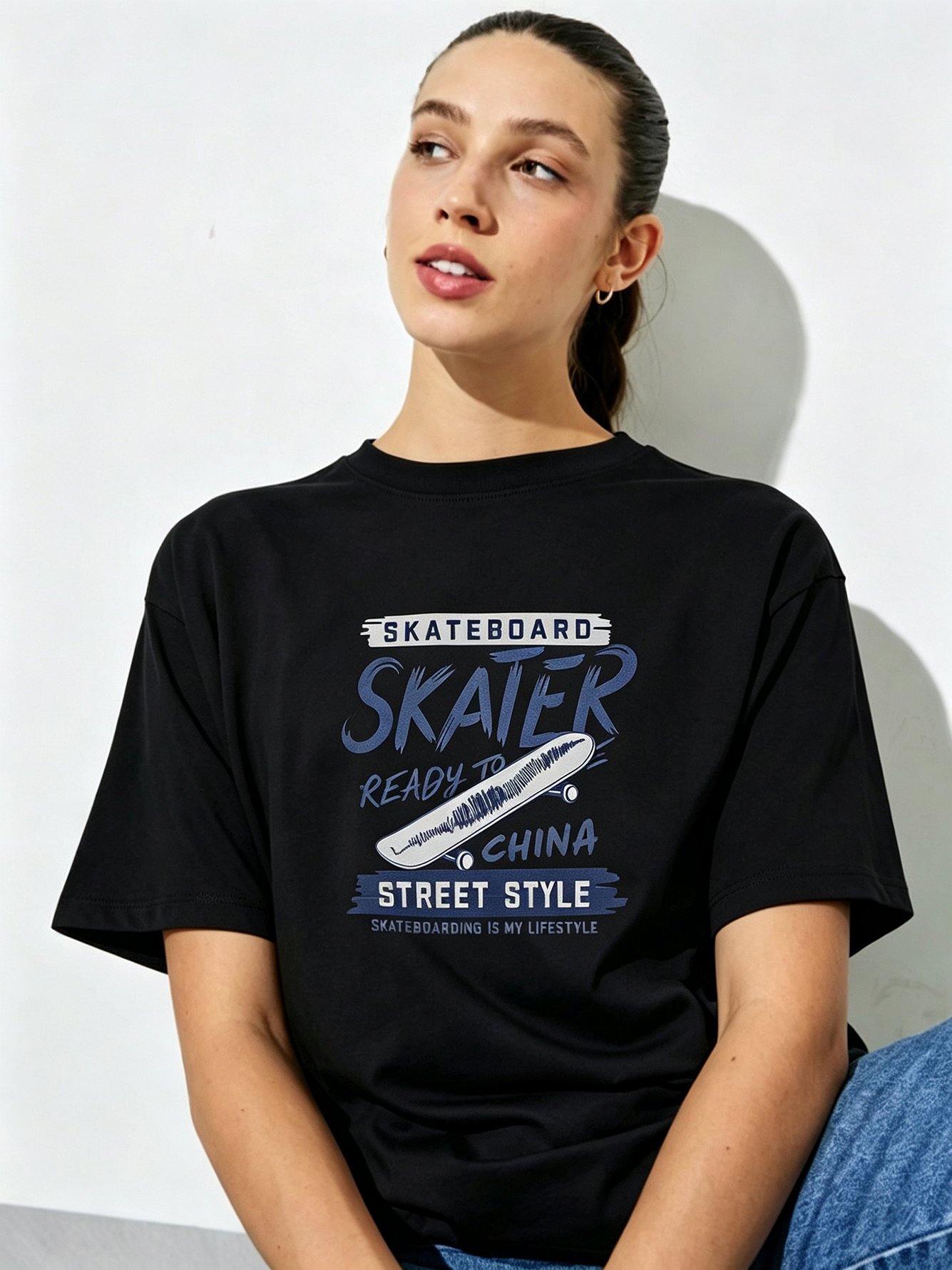 Black Printed Round Neck Regular T-Shirt