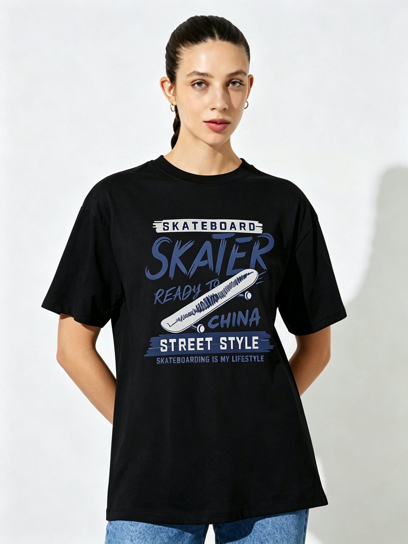 Black Printed Round Neck Regular T-Shirt