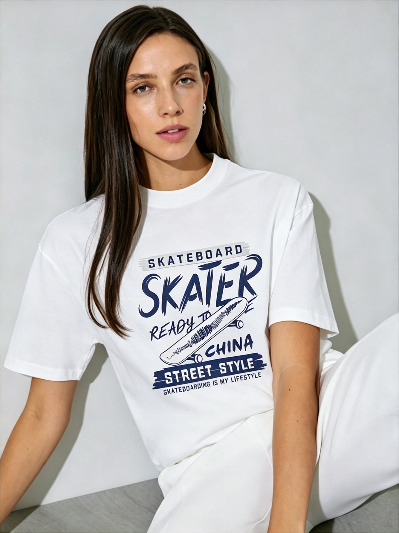 White Printed Round Neck Regular T-Shirt
