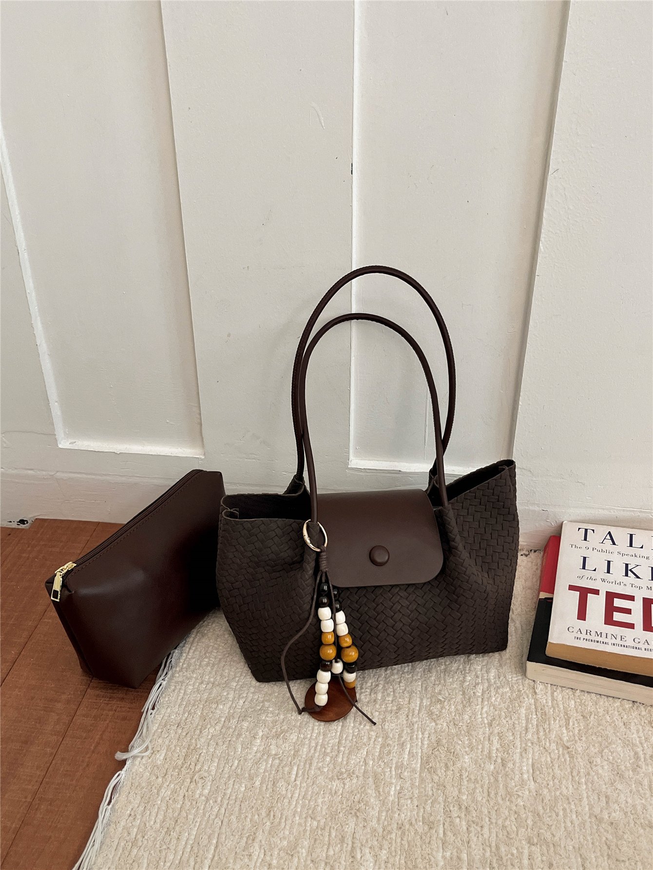 Coffee Brown Texture Shoulder Bag with Zip
