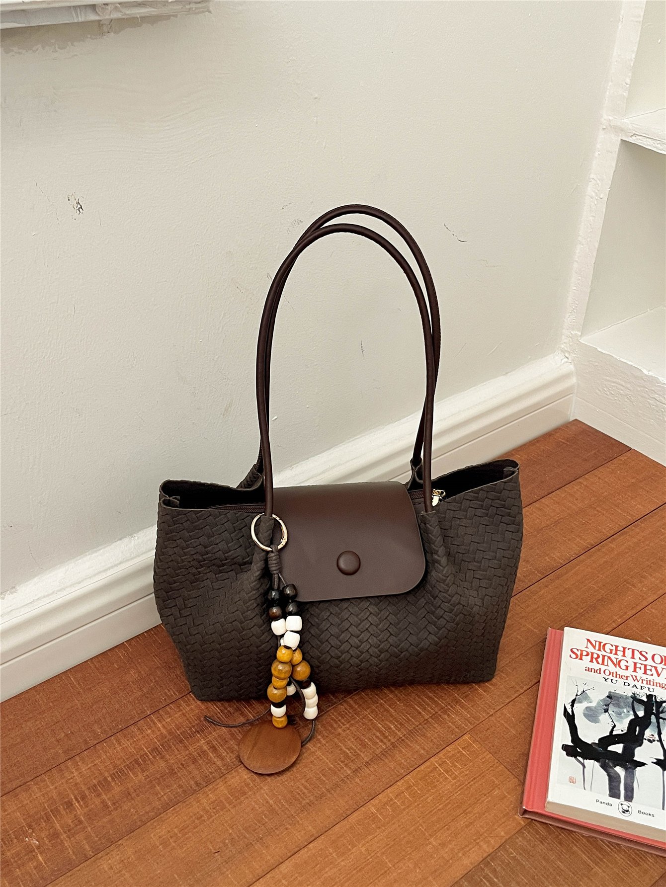 Coffee Brown Texture Shoulder Bag with Zip